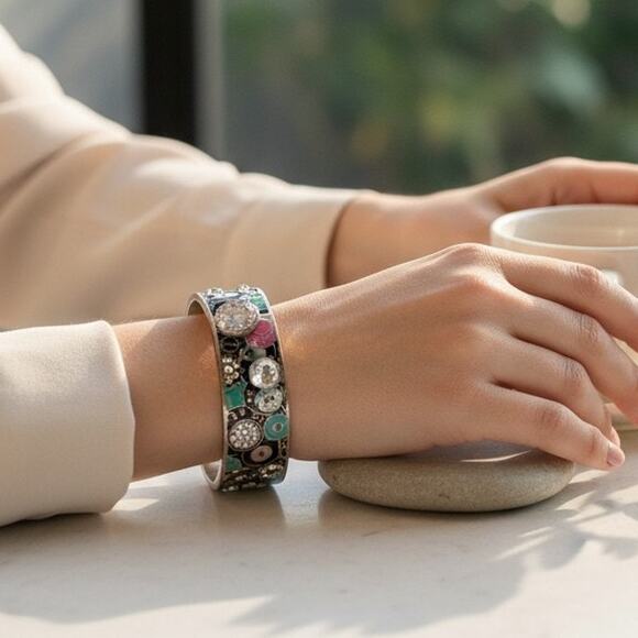 henri bendel Jewelry - Henri Bendel Black Enamel Rhinestone Logo Hinged Wide Bangle Bracelet Y2K